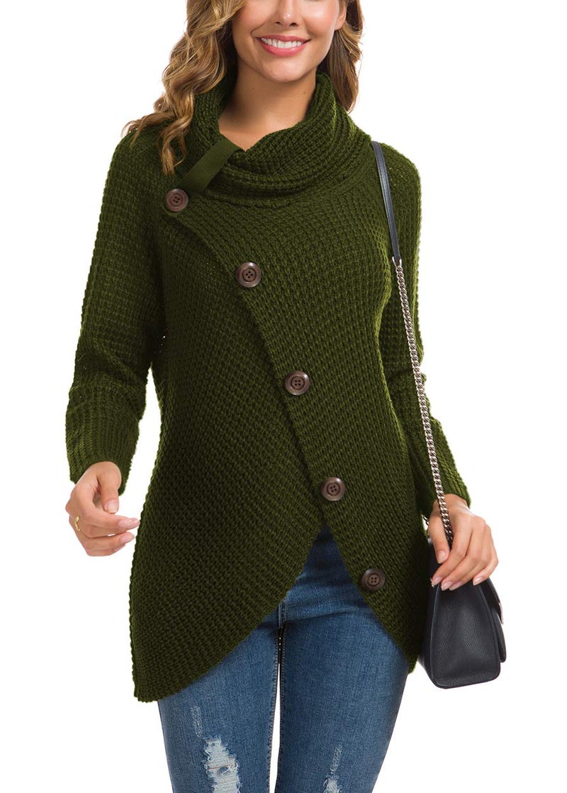 GRECERELLE Women's Fall Chunky Turtleneck Long Sleeve Asymmetric Hem Loose Knit Pullover Sweaters Tops, Army Green, S - Image 2